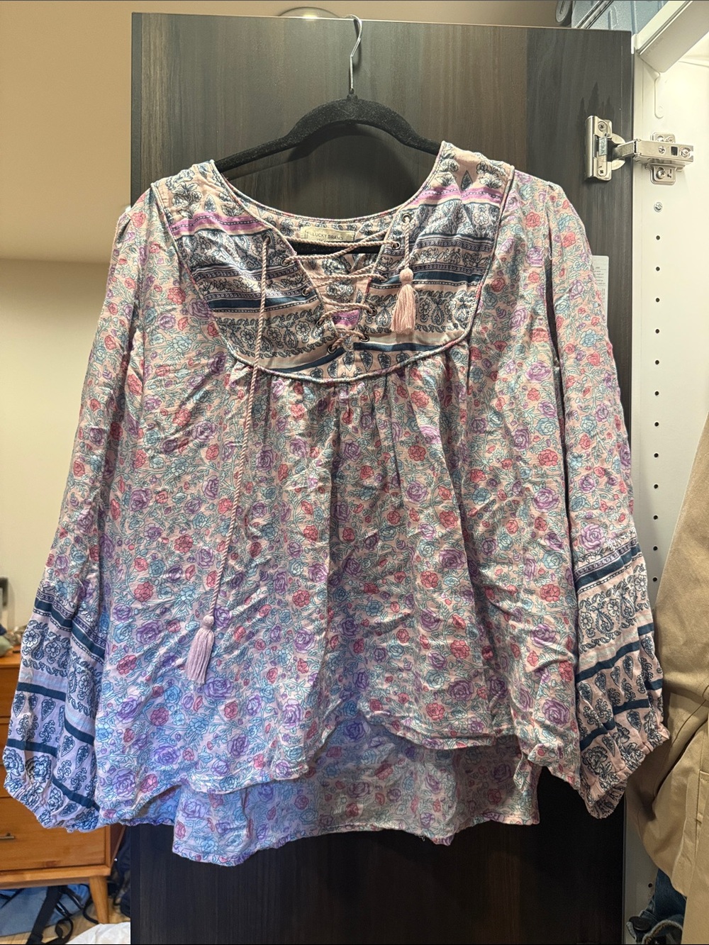 Lucky Brand Pink and Blue Floral Lace-Up Peasant Tunic